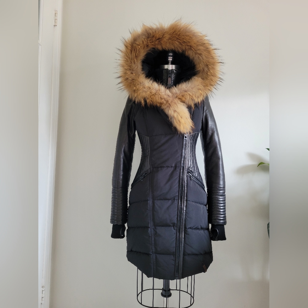 RUDSAK Shauna black down winter coat with leather sleeves and real fur trim